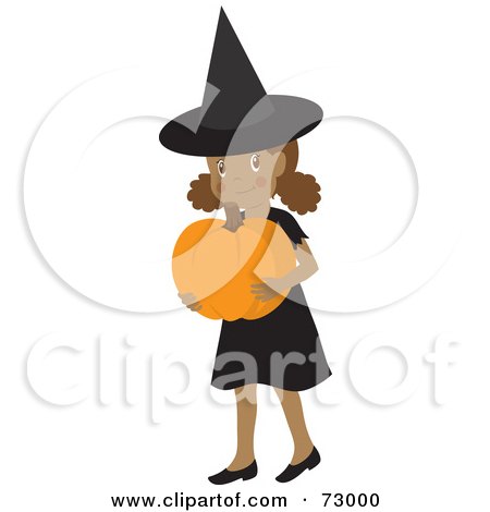 Royalty-Free (RF) Clipart Illustration of a Happy Black Girl Carrying A Pumpkin And Wearing A Halloween Witch Costume by Rosie Piter