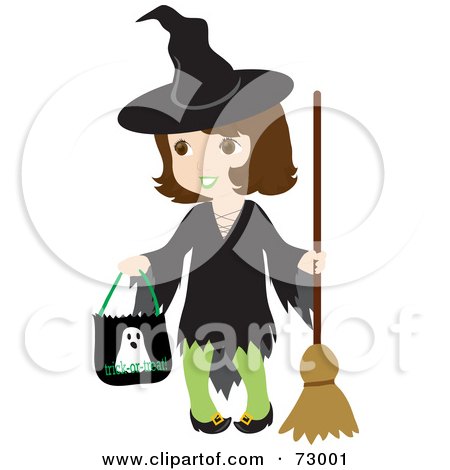 Royalty-Free (RF) Clipart Illustration of a Happy Brunette Halloween Witch Girl Trick Or Treating by Rosie Piter