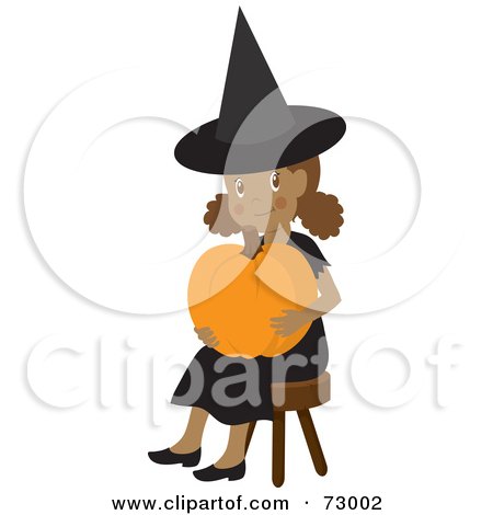 Royalty-Free (RF) Clipart Illustration of a Happy Black Girl In A With Costume, Sitting And Holding A Halloween Pumpkin by Rosie Piter