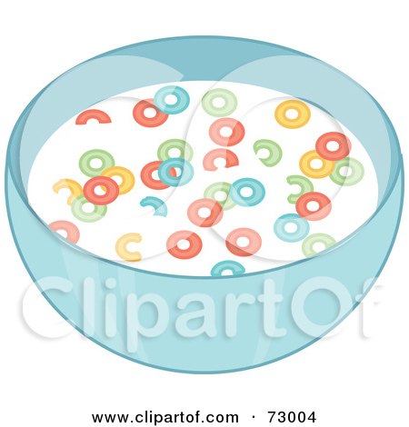 Royalty-Free (RF) Clipart Illustration of a Blue Bowl Of Fruity Cereal Rings Floating In Milk by Rosie Piter