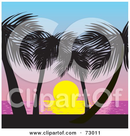 Royalty-Free (RF) Clipart Illustration of a Tropical Sunrise Over The Sea With Silhouetted Palm Trees by Rosie Piter
