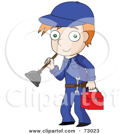 Royalty-Free (RF) Clipart Illustration of a Red Haired David Boy Plumber Carrying His Tools by Rosie Piter