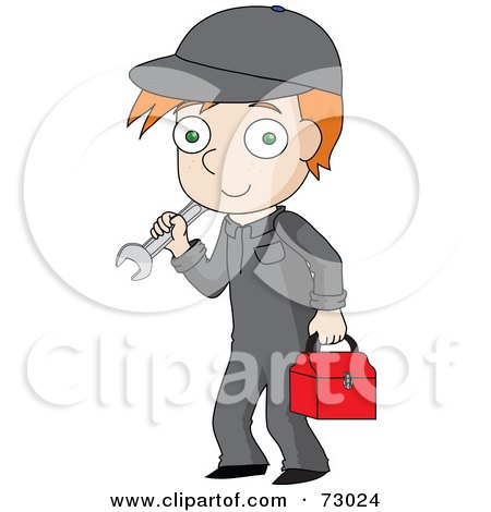 Royalty-Free (RF) Clipart Illustration of a Red Haired David Boy Mechanic Carrying Tools by Rosie Piter