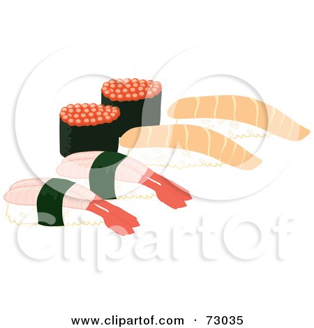 Royalty-Free (RF) Clipart Illustration of Raw Salmon And Ebi By Sushi Rolls by Rosie Piter