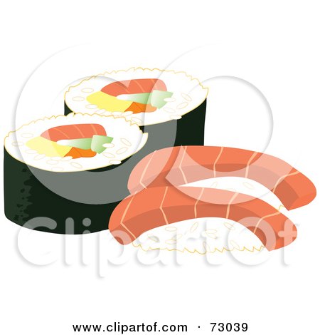 Royalty-Free (RF) Clipart Illustration of Raw Salmon By Sushi Rolls by Rosie Piter
