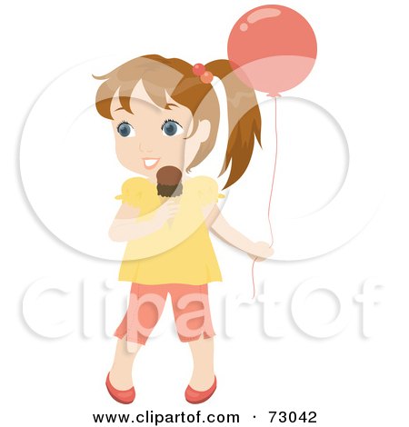 Royalty-Free (RF) Clipart Illustration of a Cute Little Dirty Blond Girl Holding A Balloon And Eating An Ice Cream Cone by Rosie Piter