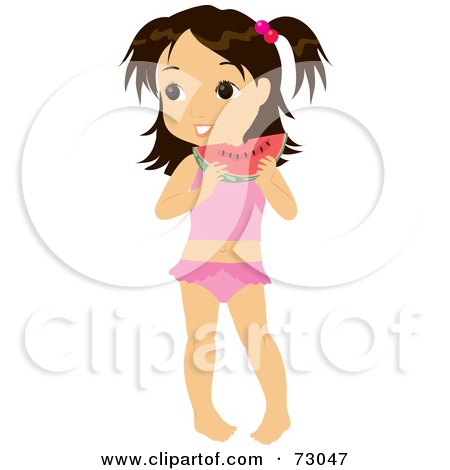 Royalty-Free (RF) Clipart Illustration of a Cute Little Girl In A Bathing Suit, Eating Watermelon by Rosie Piter