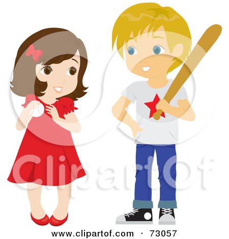 Royalty-Free (RF) Clipart Illustration of a Cute Little Girl And Boy Playing Baseball by Rosie Piter