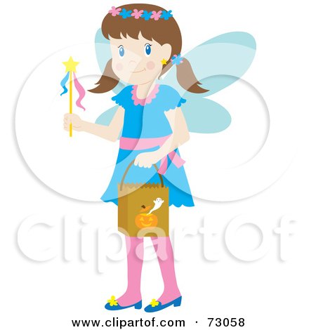 Royalty-Free (RF) Clipart Illustration of a Little Girl In A Blue Fairy Costume, Smiling And Trick Or Treating by Rosie Piter