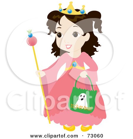 Royalty-Free (RF) Clipart Illustration of a Little Girl In A Princess Costume, Smiling And Trick Or Treating by Rosie Piter