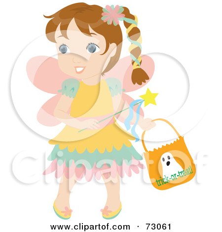 Royalty-Free (RF) Clipart Illustration of a Little Girl In A Fairy Costume, Smiling And Trick Or Treating by Rosie Piter