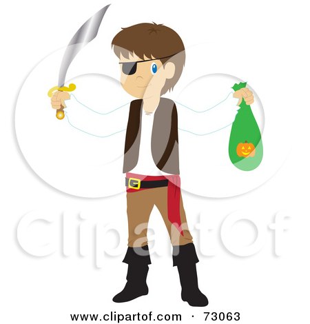 Royalty-Free (RF) Clipart Illustration of a Little Boy In A Pirate Costume, Holding His Halloween Candy Bag by Rosie Piter