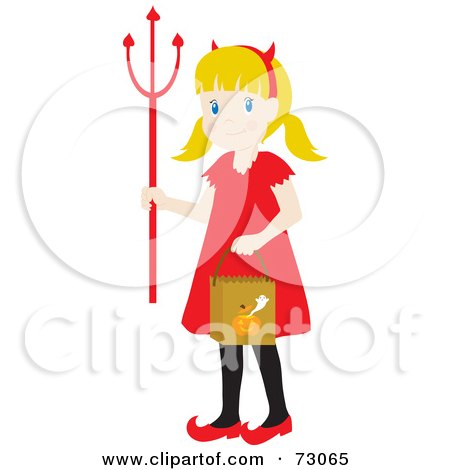 Royalty-Free (RF) Clipart Illustration of a Little Girl In A Devil Costume, Smiling And Trick Or Treating by Rosie Piter