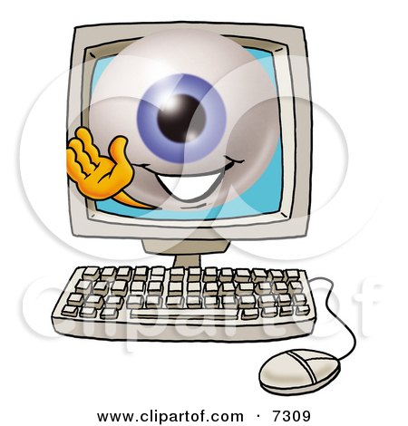 Clipart Picture of an Eyeball Mascot Cartoon Character Waving From Inside a Computer Screen by Mascot Junction