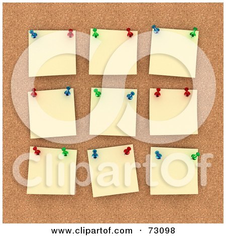 Royalty-Free (RF) Clipart Illustration of a Cork Board With Pinned Yellow Memo Notes by stockillustrations