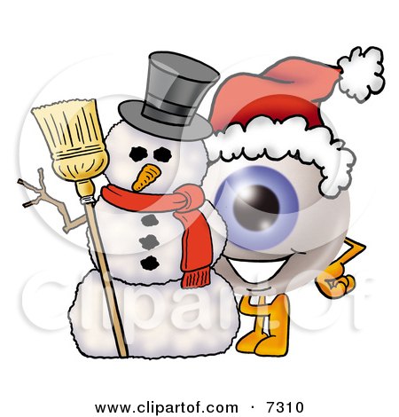 Clipart Picture of an Eyeball Mascot Cartoon Character With a Snowman on Christmas by Mascot Junction