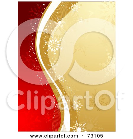 Royalty-Free (RF) Clipart Illustration of a Waves Of Gold And White With Snowflakes Dividing A Background Of Red And Gold by KJ Pargeter