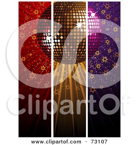 Royalty-Free (RF) Clipart Illustration of a Triple Split Red, Gold And Purple Disco Ball Background With Stars by elaineitalia