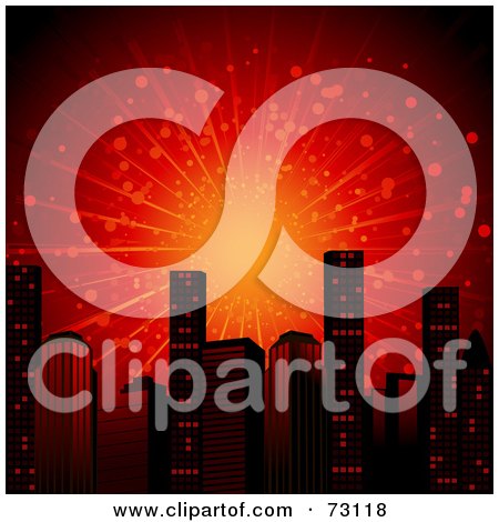 Royalty-Free (RF) Clipart Illustration of a Red Explosion Over City Skyscrapers by elaineitalia