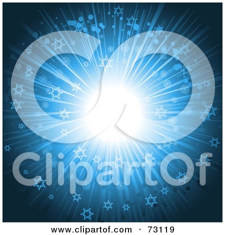 Royalty-Free (RF) Clipart Illustration of a Bright Blue Burst With Shining Light And Star Snowflakes by elaineitalia