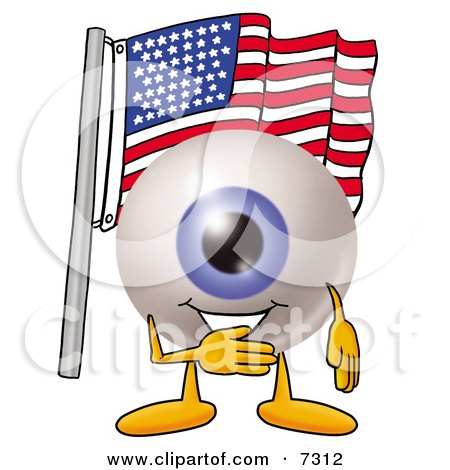 Clipart Picture of an Eyeball Mascot Cartoon Character Pledging Allegiance to an American Flag by Mascot Junction