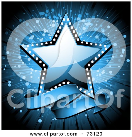 Royalty-Free (RF) Clipart Illustration of a Shiny Blue Star With A Blank Banner Over An Explosion by elaineitalia