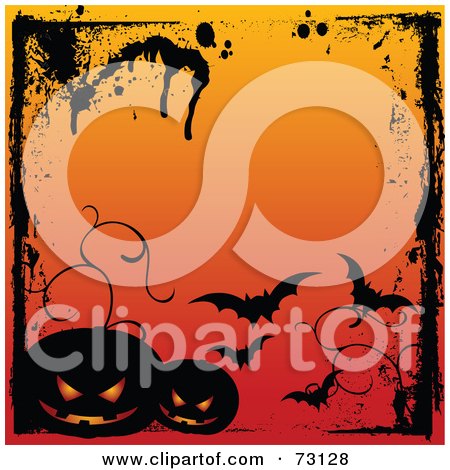 Royalty-Free (RF) Clipart Illustration of a Grungy Halloween Background With Splatters, Bats And Dark Pumpkins by Pushkin