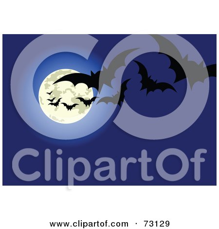 Royalty-Free (RF) Clipart Illustration of Fluttering Vampire Bats Silhouetted Against A Blue Full Moon Night Sky by Pushkin
