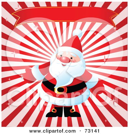 Royalty-Free (RF) Clipart Illustration of Santa Under A Red Banner On A Bursting Background by Pushkin