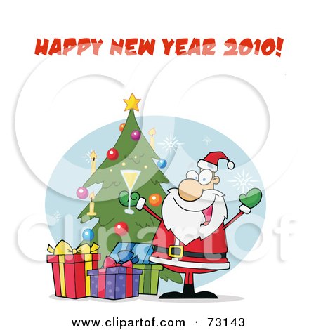 Royalty-Free (RF) Clipart Illustration Of A Happy New Year 2010 Greeting With Santa Drinking Bubbly By A Christmas Tree by Hit Toon