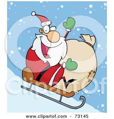 Royalty-Free (RF) Clipart Illustration Of A Jolly Christmas Santa Waving And Sledding With His Toy Sack In The Snow by Hit Toon