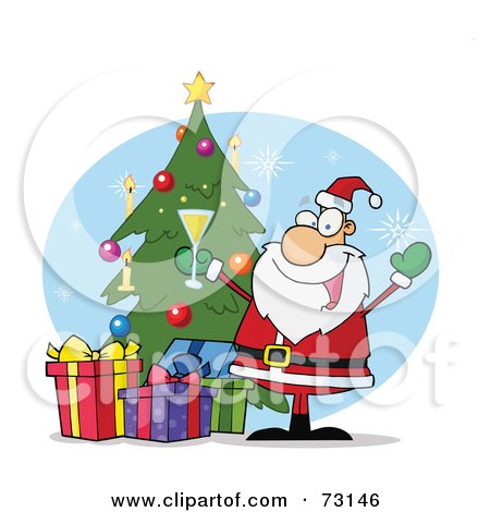 Royalty-Free (RF) Clipart Illustration Of A Jolly Christmas Santa Drinking Champagne By A Tree And Presents by Hit Toon