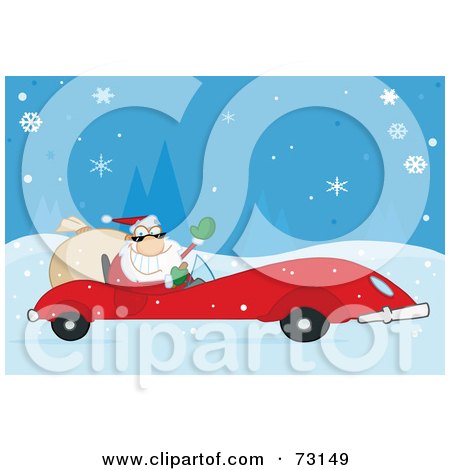 Royalty-Free (RF) Clipart Illustration Of A Jolly Christmas Santa Waving And Driving His Convertible Red Sports Car In The Snow by Hit Toon
