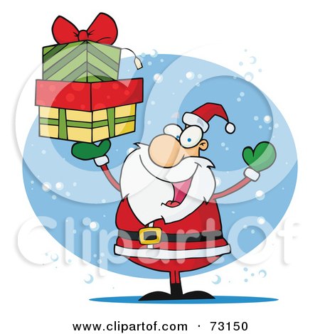 Royalty-Free (RF) Clipart Illustration Of A Jolly Christmas Santa Holding Up A Stack Of Presents In The Snow by Hit Toon