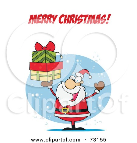 Royalty-Free (RF) Clipart Illustration Of A Merry Christmas Greeting With Santa Holding Up A Stack Of Presents In The Snow by Hit Toon