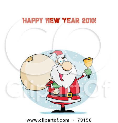 Royalty-Free (RF) Clipart Illustration Of A Happy New Year 2010 Greeting With Santa Ringing A Bell And Carrying A Sack by Hit Toon