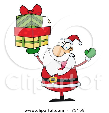 Royalty-Free (RF) Clipart Illustration Of A Jolly Christmas Santa Holding Up A Stack Of Gifts by Hit Toon