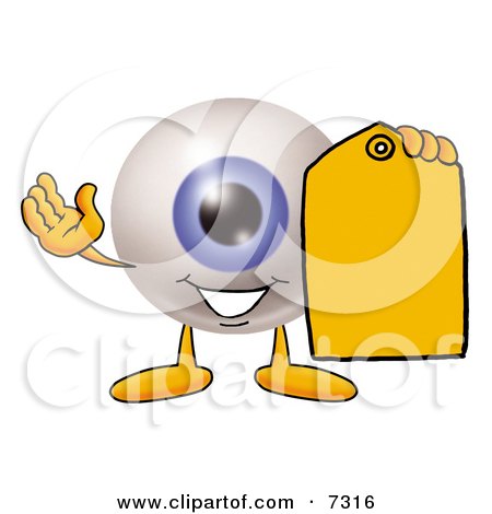 Clipart Picture of an Eyeball Mascot Cartoon Character Holding a Yellow Sales Price Tag by Mascot Junction