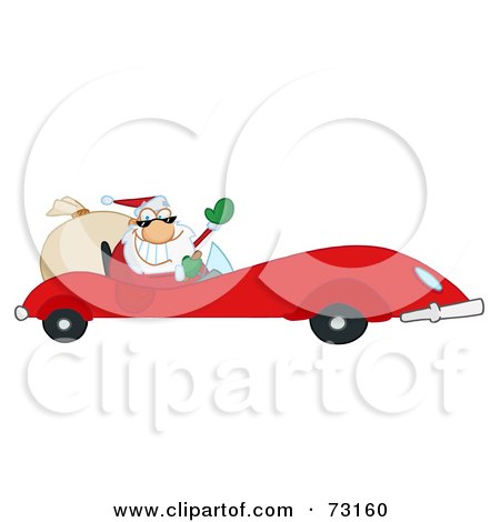 Royalty-Free (RF) Clipart Illustration Of A Jolly Christmas Santa Waving And Driving His Red Sports Car by Hit Toon