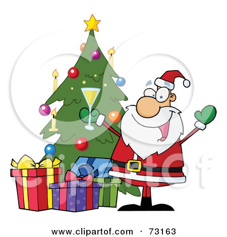 Royalty-Free (RF) Clipart Illustration Of A Jolly Christmas Santa Drinking Champagne And Standing By A Tree by Hit Toon
