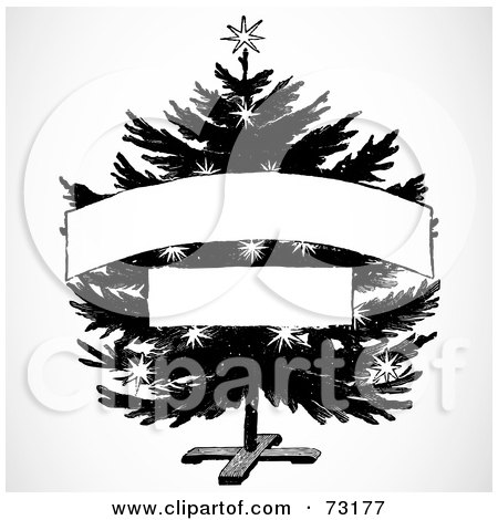 Royalty-Free (RF) Clipart Illustration of a Black And White Christmas Tree With Two Blank Banners by BestVector