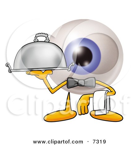 Clipart Picture of an Eyeball Mascot Cartoon Character Dressed as a Waiter and Holding a Serving Platter by Mascot Junction