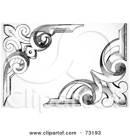 Royalty-Free (RF) Clipart Illustration of a Digital Collage Of Two Black And White Wooden Floral Corner Borders - Version 2 by BestVector