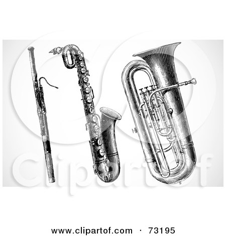 Royalty-Free (RF) Clipart Illustration of a Digital Collage Of A Black And White Clarinet, Saxophone And Tuba by BestVector