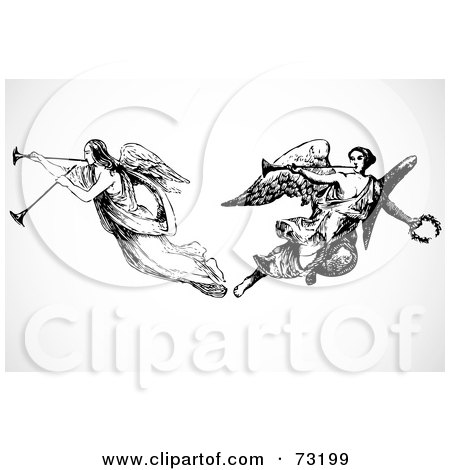Royalty-Free (RF) Clipart Illustration of a Digital Collage Of Two Black And White Angels Playing Horns by BestVector