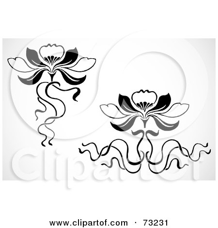 Royalty-Free (RF) Clipart Illustration of a Digital Collage Of Two Black And White Blooming Flowers With Ribbons by BestVector