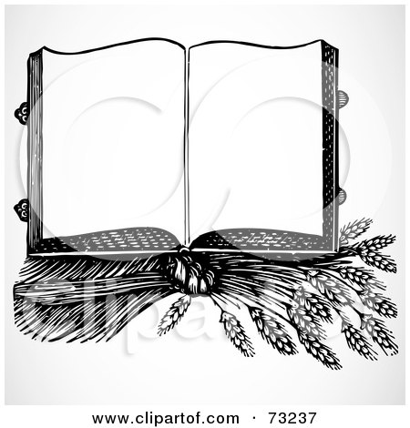 Royalty-Free (RF) Clipart Illustration of an Open Black And White Cook Book On Top Of Wheat by BestVector