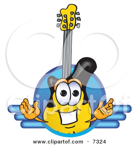 Clipart Picture of a Guitar Mascot Cartoon Character Logo With a Circle and Lines by Mascot Junction