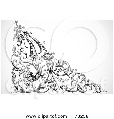 Royalty-Free (RF) Clipart Illustration of a Black And White Intricate Floral Corner Border - Version 2 by BestVector