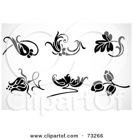 Royalty-Free (RF) Clipart Illustration of a Digital Collage Of Six Black And White Flower Elements by BestVector